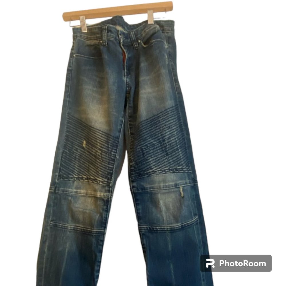 Blank NYC distressed moto style blue denim jeans zip up legs at ankles‎ size 27